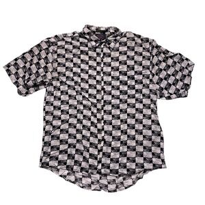 Vintage 80s Abstract Rayon Button Up Shirt Mens Large Black Geometric AOP